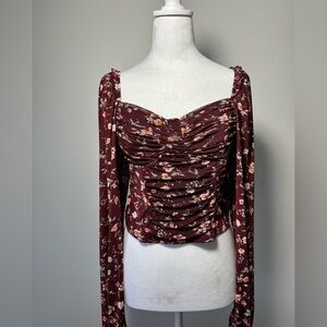 Lulu’s Floral Ruched Balloon Sleeve Crop Top - LARGE, Burgundy